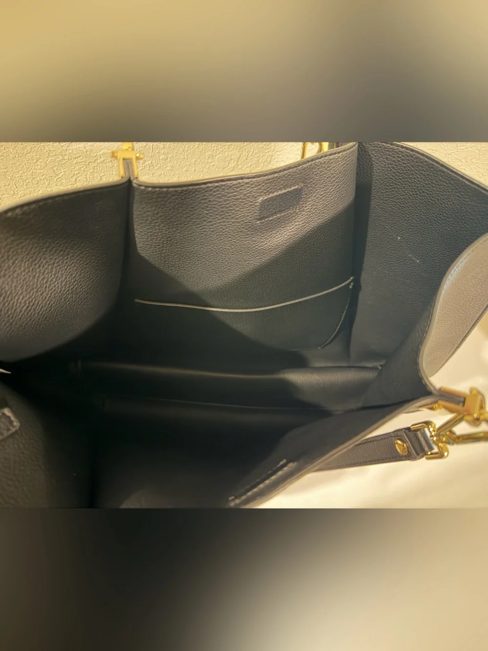 Calvin Klein Black Pebbled Leather Tote with Gold Accents